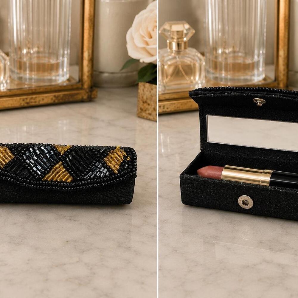 Vintage Beaded Lipstick Case Holder Mirror Black Gold Silver Vanity